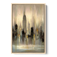 New York City Skyline in Fog - Oak Framed Canvas Wall Art - Front
