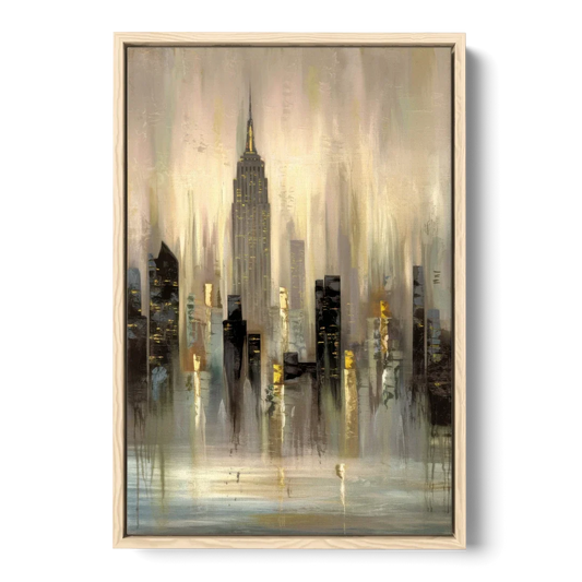 New York City Skyline in Fog - Oak Framed Canvas Wall Art - Front