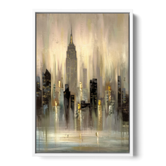New York City Skyline in Fog - White Framed Canvas Wall Art - Front