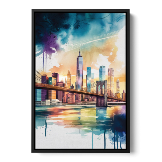 New York City Skyline in Watercolor Hudson - Black Framed Canvas Wall Art - Front