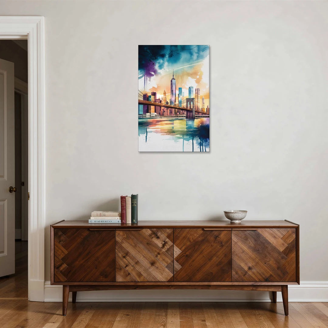 New York City Skyline in Watercolor Hudson - Canvas Wall Art - Coffee Table - 24x36