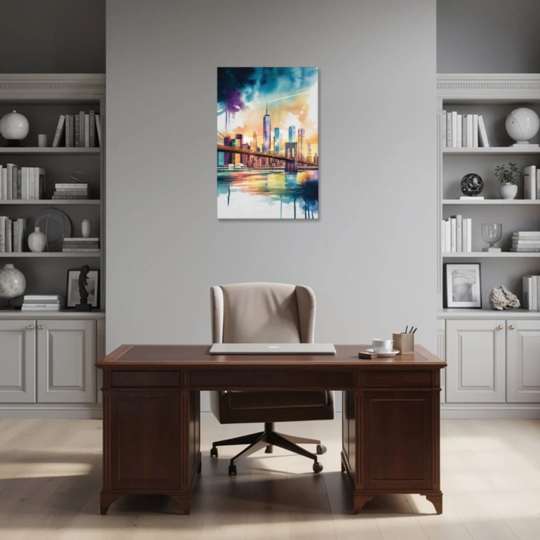 New York City Skyline in Watercolor Hudson - Canvas Wall Art - Office - 24x36