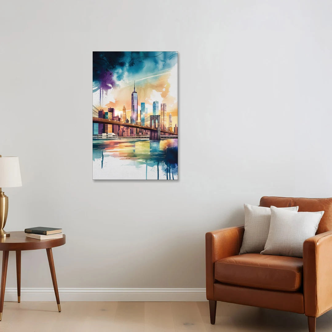 New York City Skyline in Watercolor Hudson - Canvas Wall Art - Sofa - 24x36