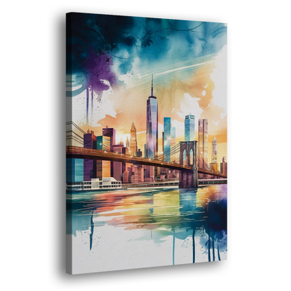 New York City Skyline in Watercolor Hudson Side - Canvas Wall Art
