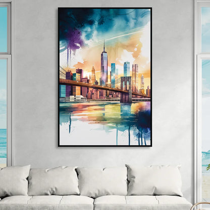 New York City Skyline in Watercolor Hudson Sitting Room - Black Canvas Wall Art