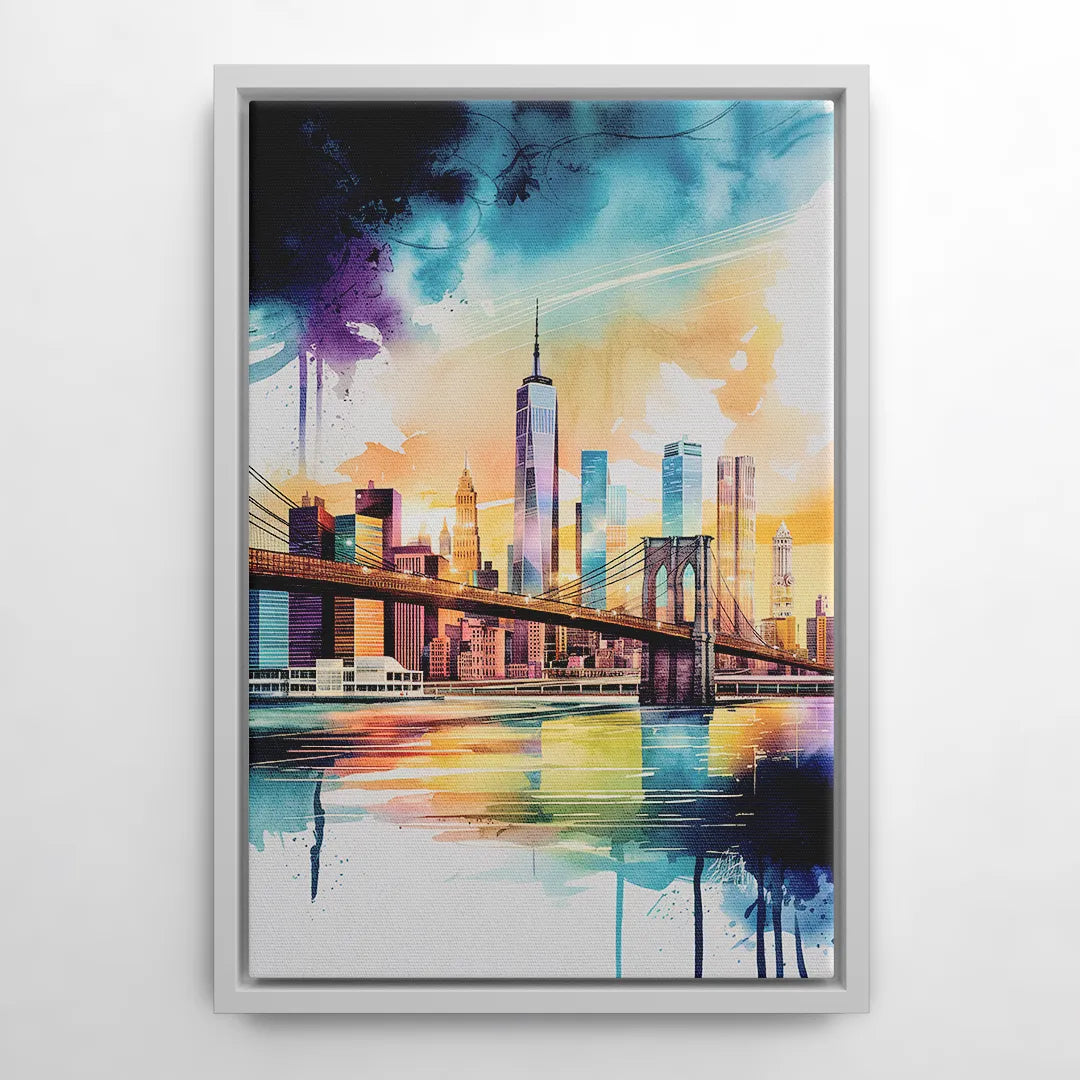 New York City Skyline in Watercolor Hudson - White Frame Canvas