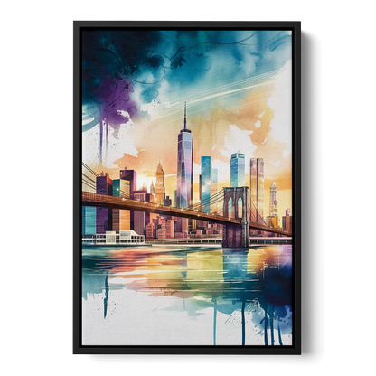New York City Skyline in Watercolor Hudson Front - Black Canvas Wall Art