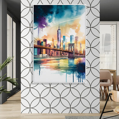 New York City Skyline in Watercolor Hudson Sitting Room - White Canvas Wall Art