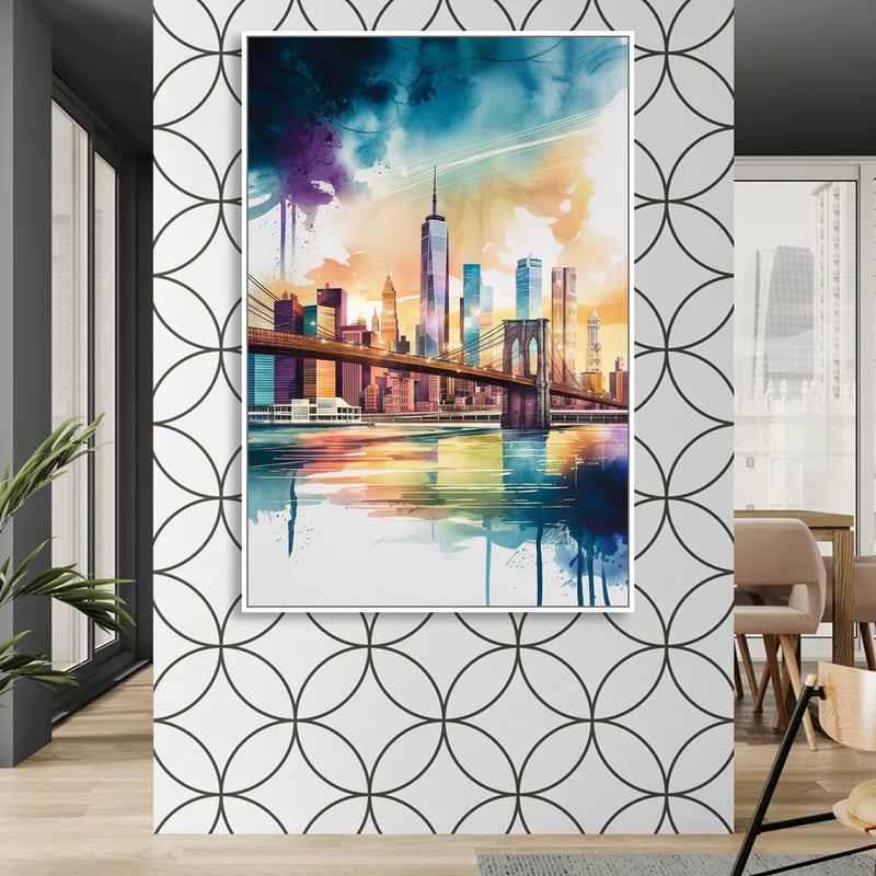 New York City Skyline in Watercolor Hudson Sitting Room - White Canvas Wall Art