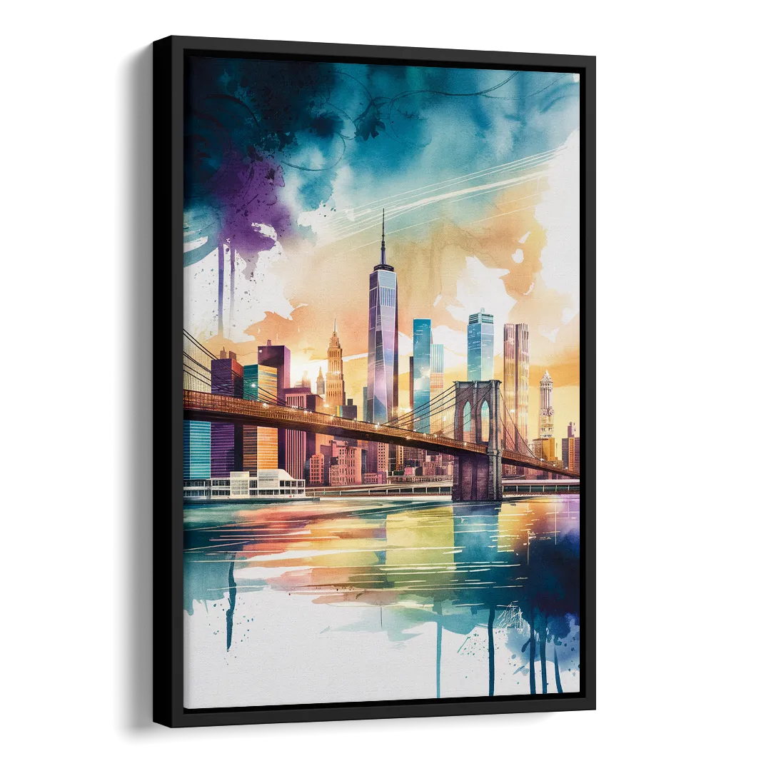 New York City Skyline in Watercolor Hudson Side - Black Canvas Wall Art