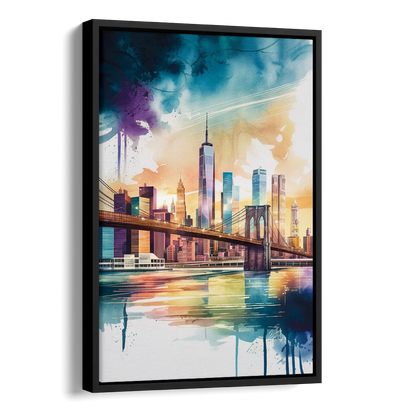 New York City Skyline in Watercolor Hudson Side - Black Canvas Wall Art