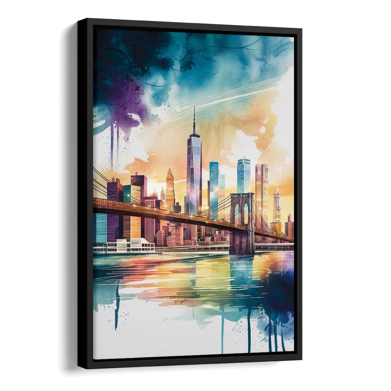 New York City Skyline in Watercolor Hudson Side - Black Canvas Wall Art