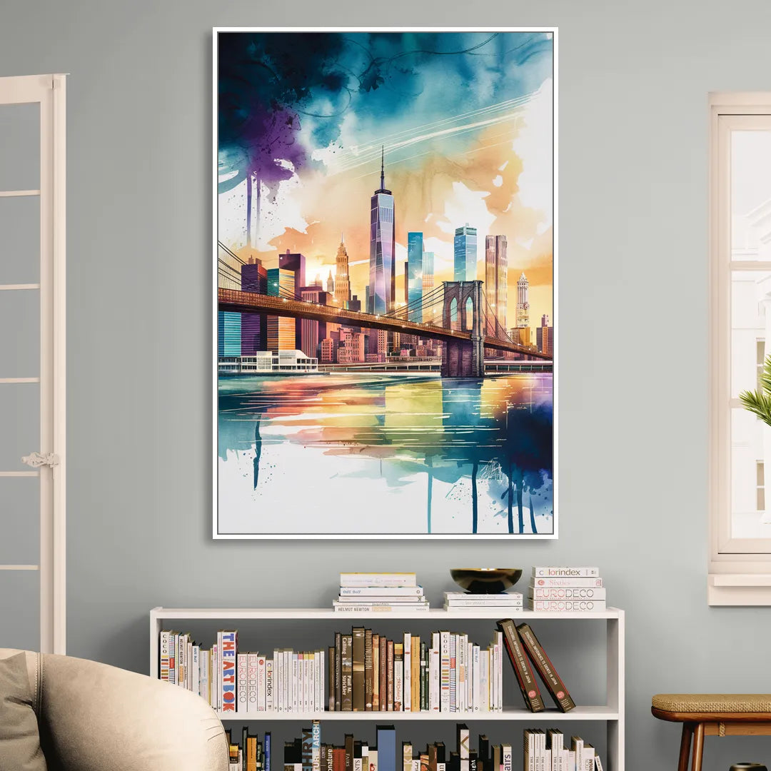 New York City Skyline in Watercolor Hudson Living Room - White Canvas Wall Art