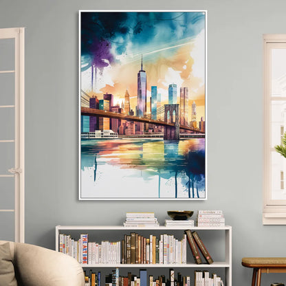 New York City Skyline in Watercolor Hudson Living Room - White Canvas Wall Art