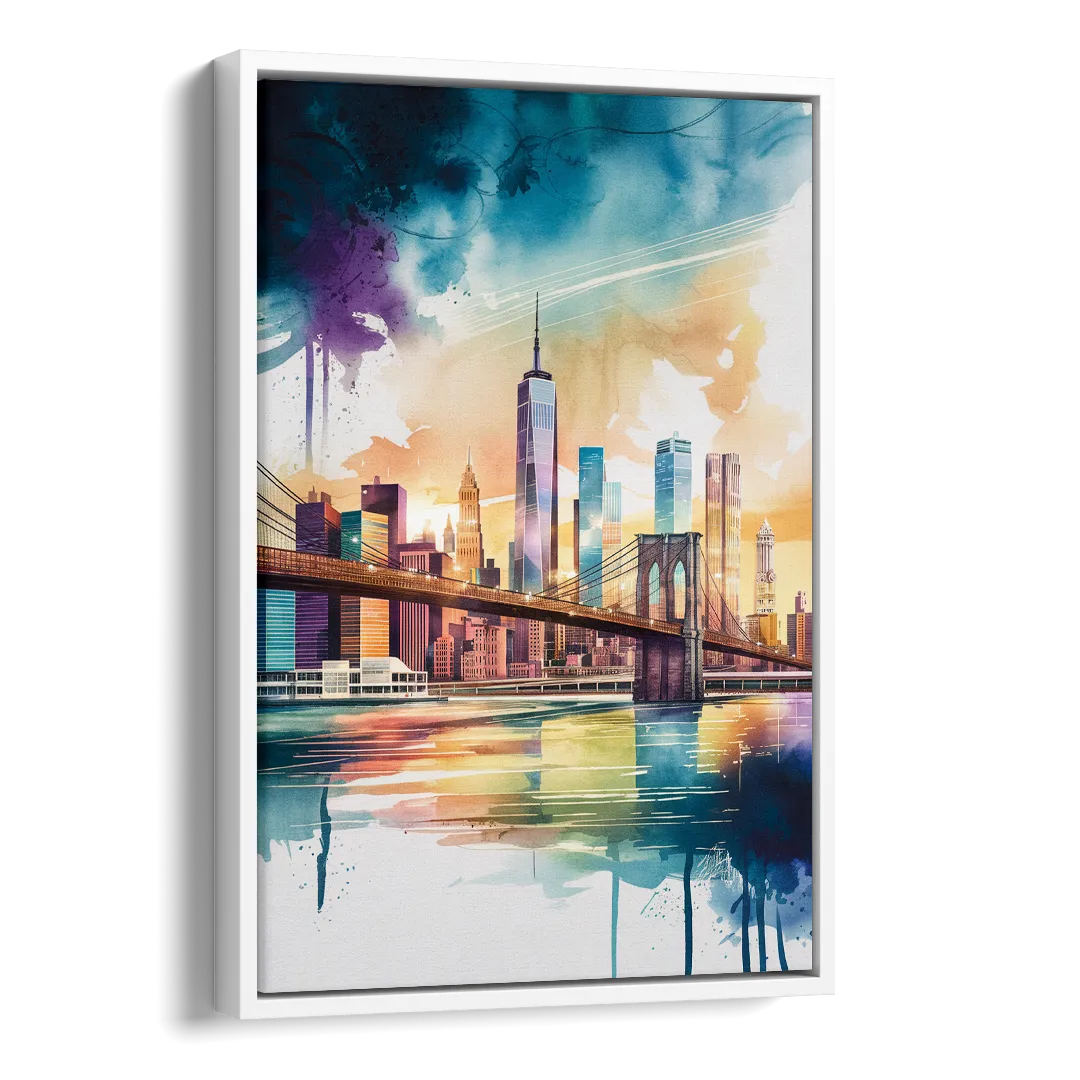 New York City Skyline in Watercolor Hudson Side - White Canvas Wall Art