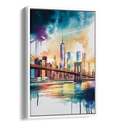 New York City Skyline in Watercolor Hudson Side - White Canvas Wall Art