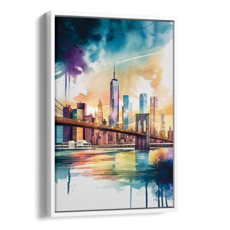 New York City Skyline in Watercolor Hudson Side - White Canvas Wall Art