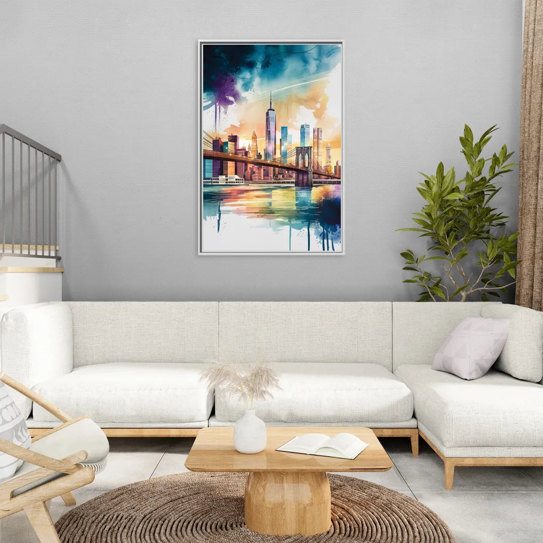 New York City Skyline in Watercolor Hudson - Living Room White Frame Canvas