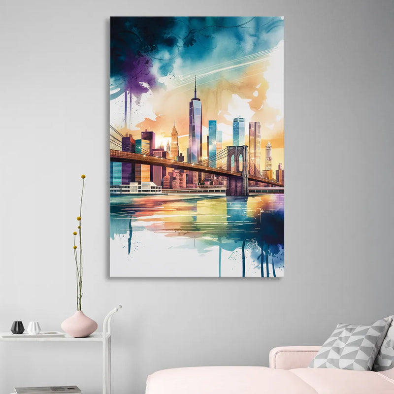 New York City Skyline in Watercolor Hudson Sitting Room - Canvas Wall Art