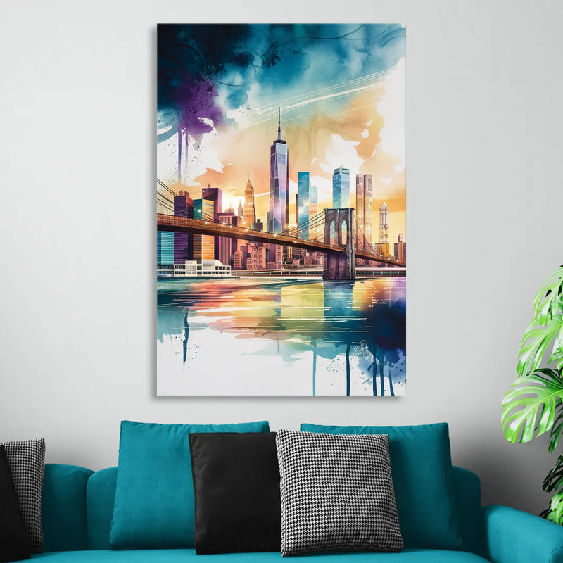 New York City Skyline in Watercolor Hudson Living Room - Canvas Wall Art