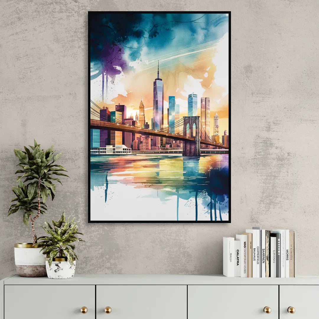 New York City Skyline in Watercolor Hudson Living Room - Black Canvas Wall Art