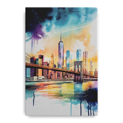 New York City Skyline in Watercolor Hudson Front - Canvas Wall Art