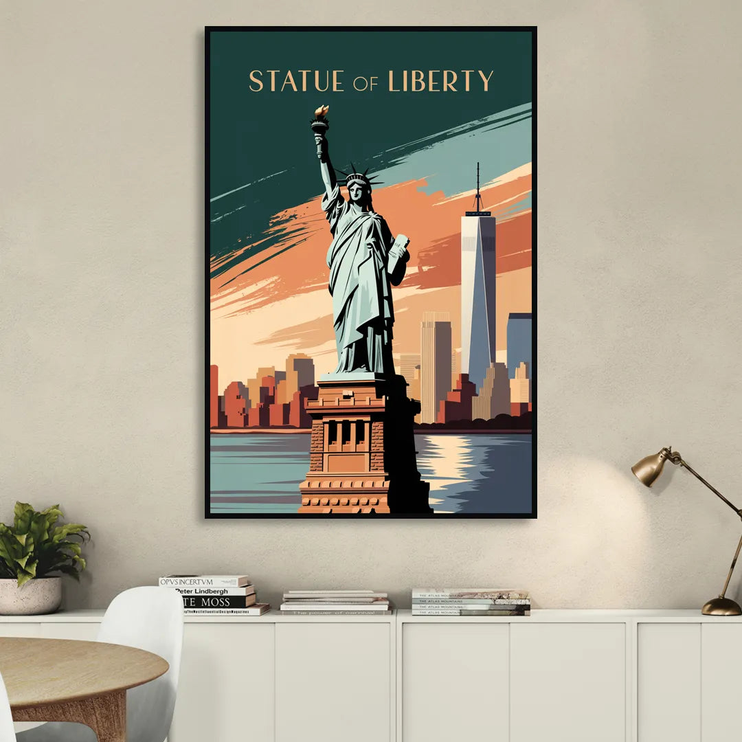 New York City Statue of Liberty Sitting Room - Black Canvas Wall Art
