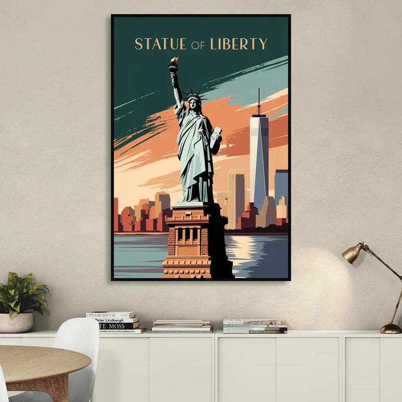 New York City Statue of Liberty Sitting Room - Black Canvas Wall Art