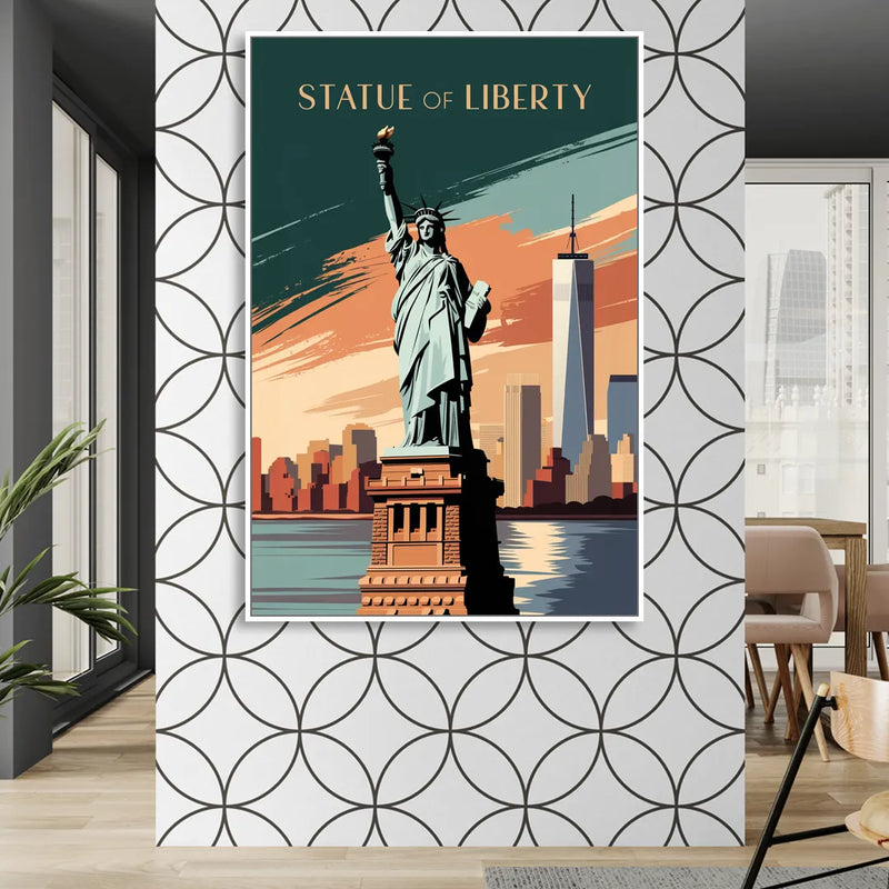 New York City Statue of Liberty Living Room - White Canvas Wall Art