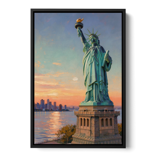 New York City Statue of Liberty Closeup Sky - Black Framed Canvas Wall Art - Front