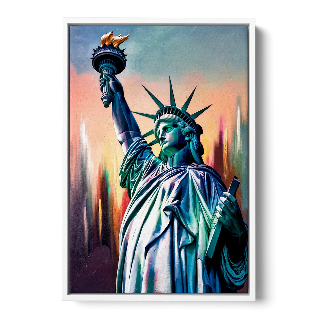 New York City Statue of Liberty Closeup Sky Front - White Canvas Wall Art