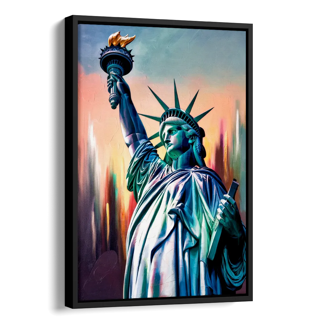 New York City Statue of Liberty Closeup Sky Side - Black Canvas Wall Art