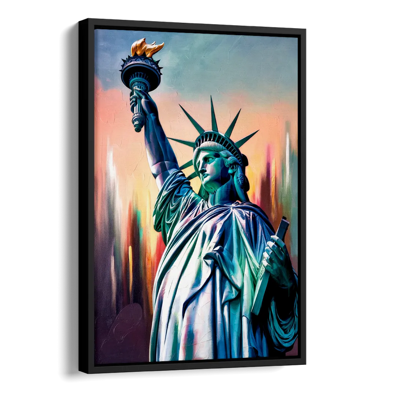 New York City Statue of Liberty Closeup Sky Side - Black Canvas Wall Art