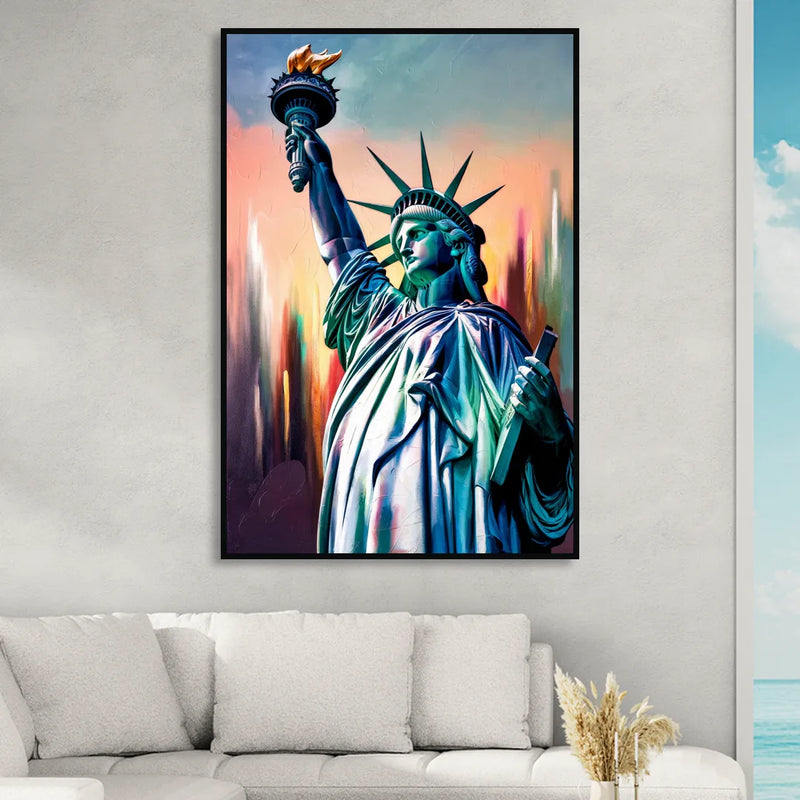 New York City Statue of Liberty Closeup Sky Sitting Room - Black Canvas Wall Art
