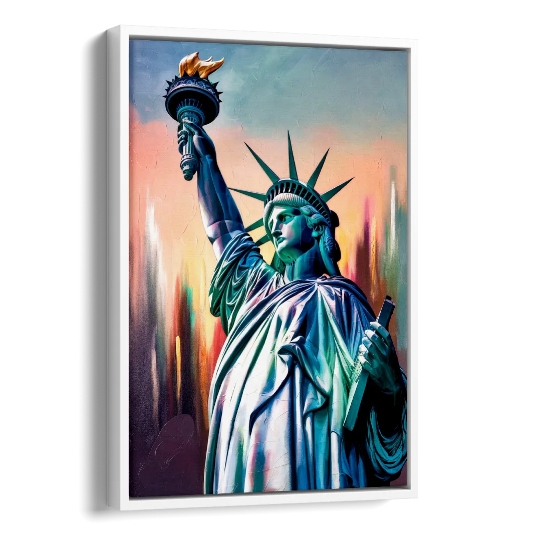 New York City Statue of Liberty Closeup Sky Side - White Canvas Wall Art