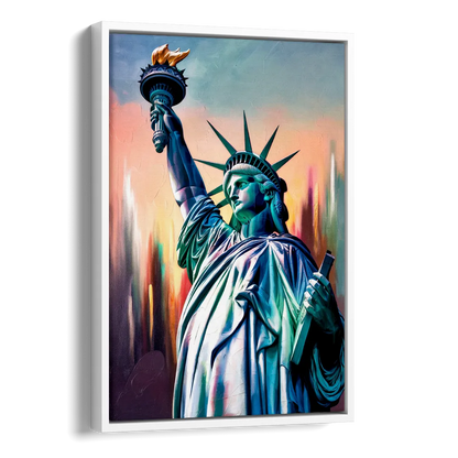 New York City Statue of Liberty Closeup Sky Side - White Canvas Wall Art