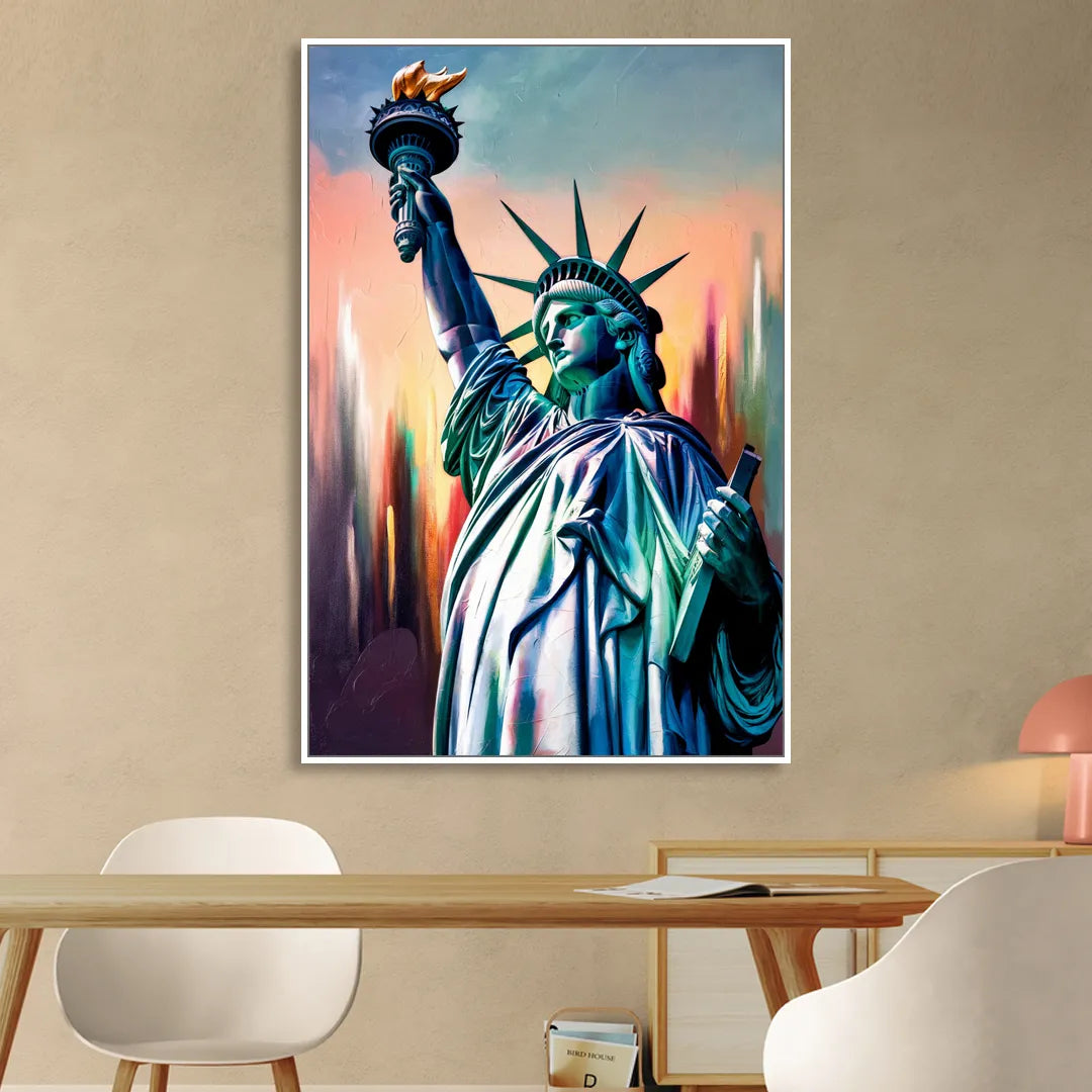 New York City Statue of Liberty Closeup Sky Sitting Room - White Canvas Wall Art