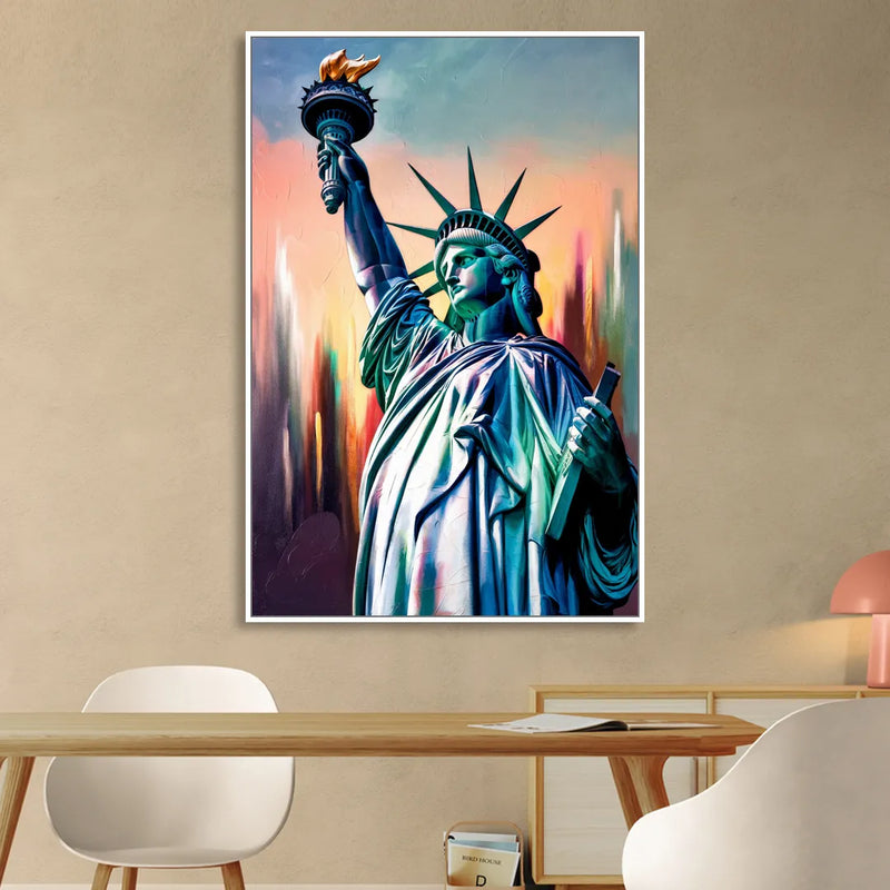 New York City Statue of Liberty Closeup Sky Sitting Room - White Canvas Wall Art