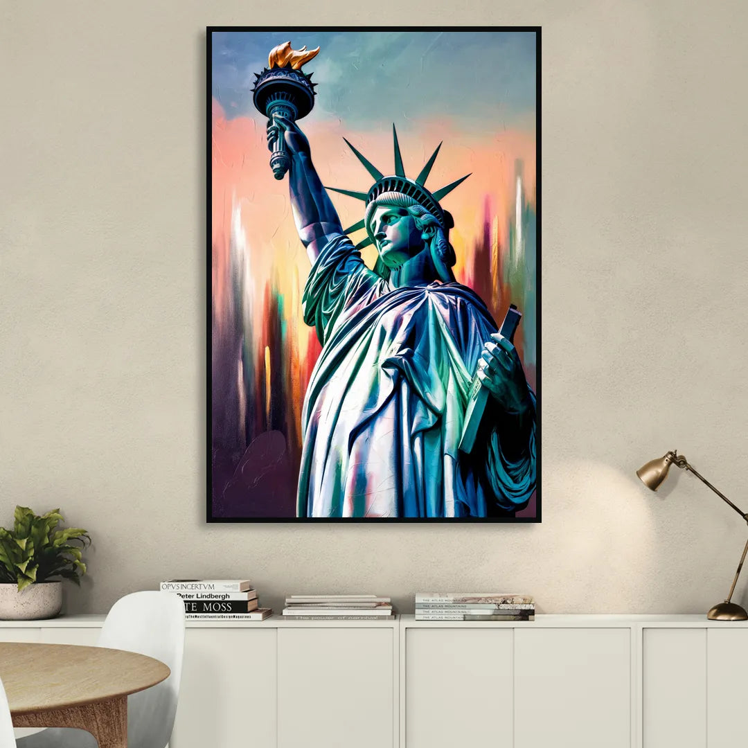 New York City Statue of Liberty Closeup Sky Living Room - Black Canvas Wall Art