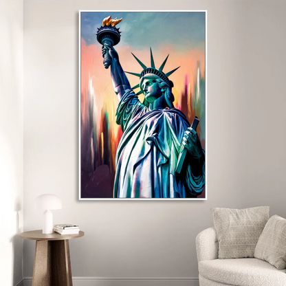 New York City Statue of Liberty Closeup Sky Living Room - White Canvas Wall Art