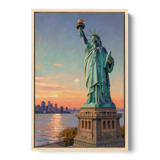 New York City Statue of Liberty Closeup Sky - Oak Framed Canvas Wall Art - Front
