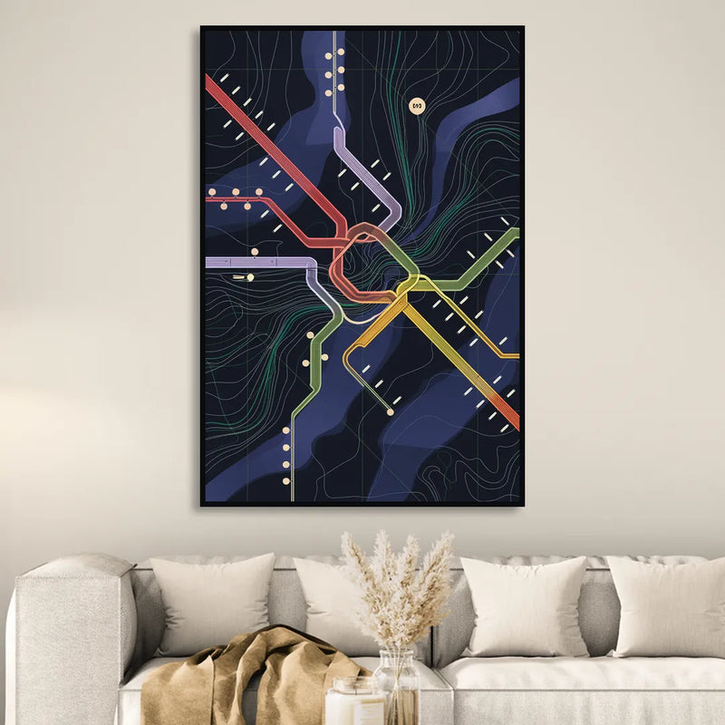 New York City Subway Map Sitting Room - Black Canvas Wall Art
