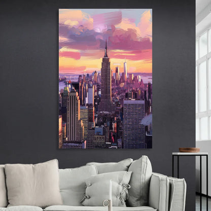 New York City Sunset Over Skyline Living Room - Canvas Wall Art