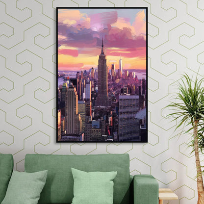 New York City Sunset Over Skyline Sitting Room - Black Canvas Wall Art