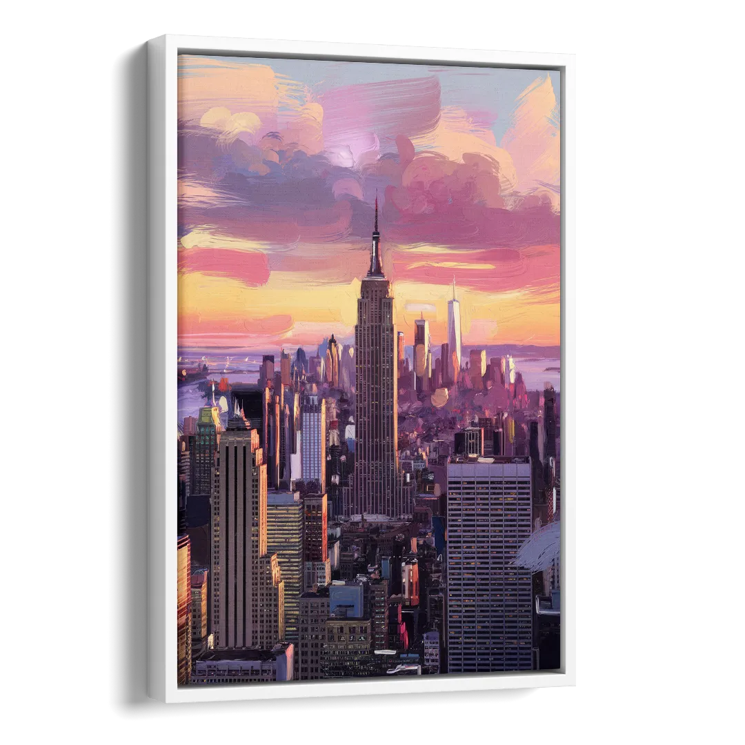 New York City Sunset Over Skyline Side - White Canvas Wall Art