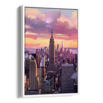New York City Sunset Over Skyline Side - White Canvas Wall Art