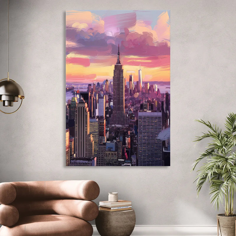 New York City Sunset Over Skyline Sitting Room - Canvas Wall Art