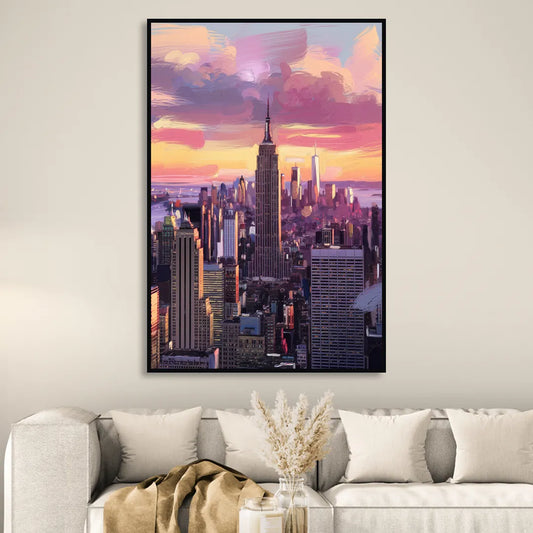 New York City Sunset Over Skyline Living Room - Black Canvas Wall Art