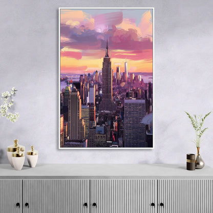 New York City Sunset Over Skyline Living Room - White Canvas Wall Art