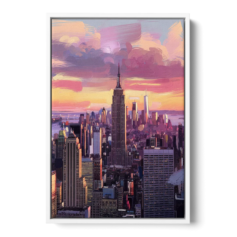 New York City Sunset Over Skyline Front - White Canvas Wall Art